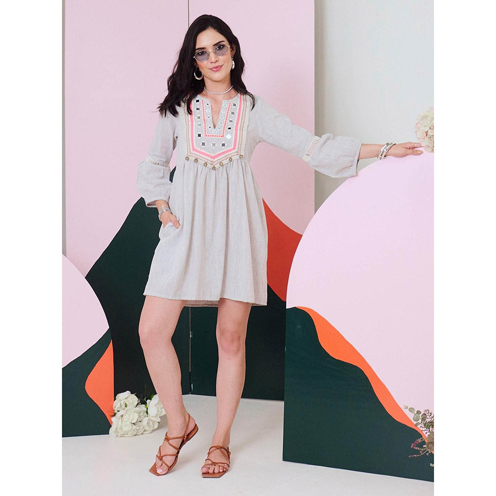 Gulaal Veronica Grey Mirror Work Short Dress with Lace Detailing