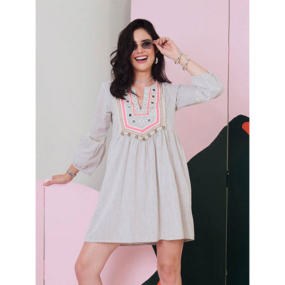 Gulaal Veronica Grey Mirror Work Short Dress with Lace Detailing