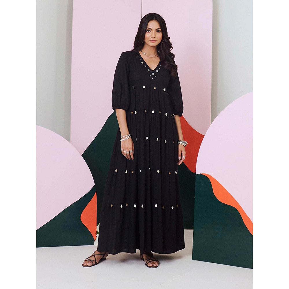 Gulaal Piku Black Mirror Embroidered Tier Maxi Dress