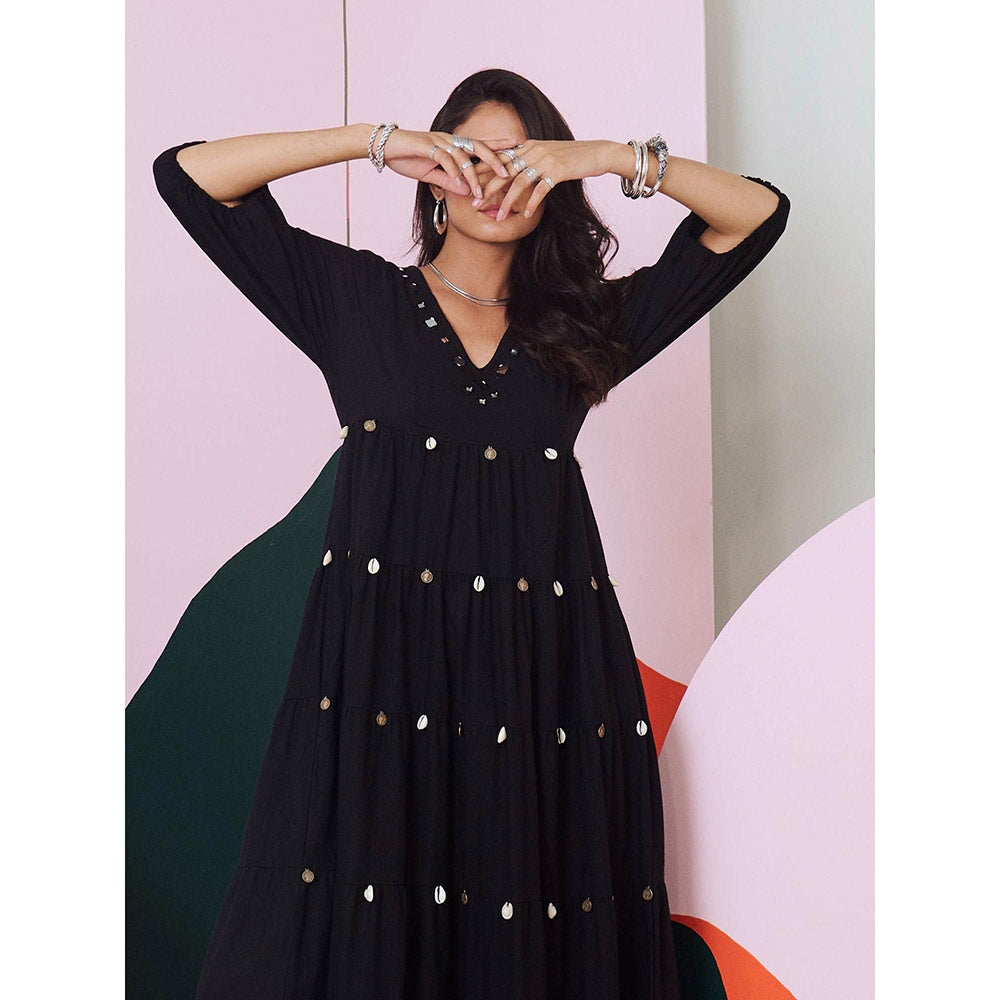 Gulaal Piku Black Mirror Embroidered Tier Maxi Dress