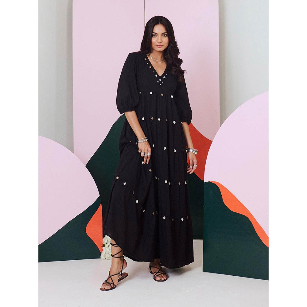 Gulaal Piku Black Mirror Embroidered Tier Maxi Dress