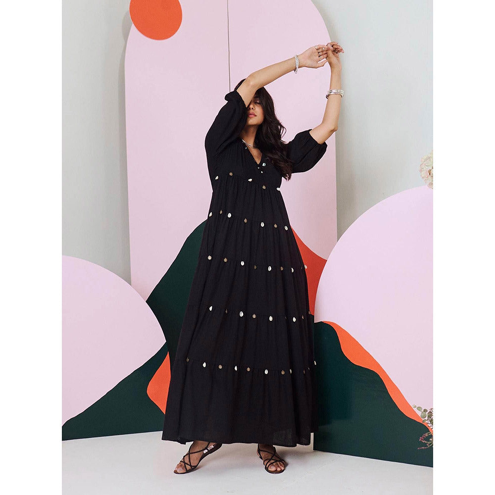 Gulaal Piku Black Mirror Embroidered Tier Maxi Dress