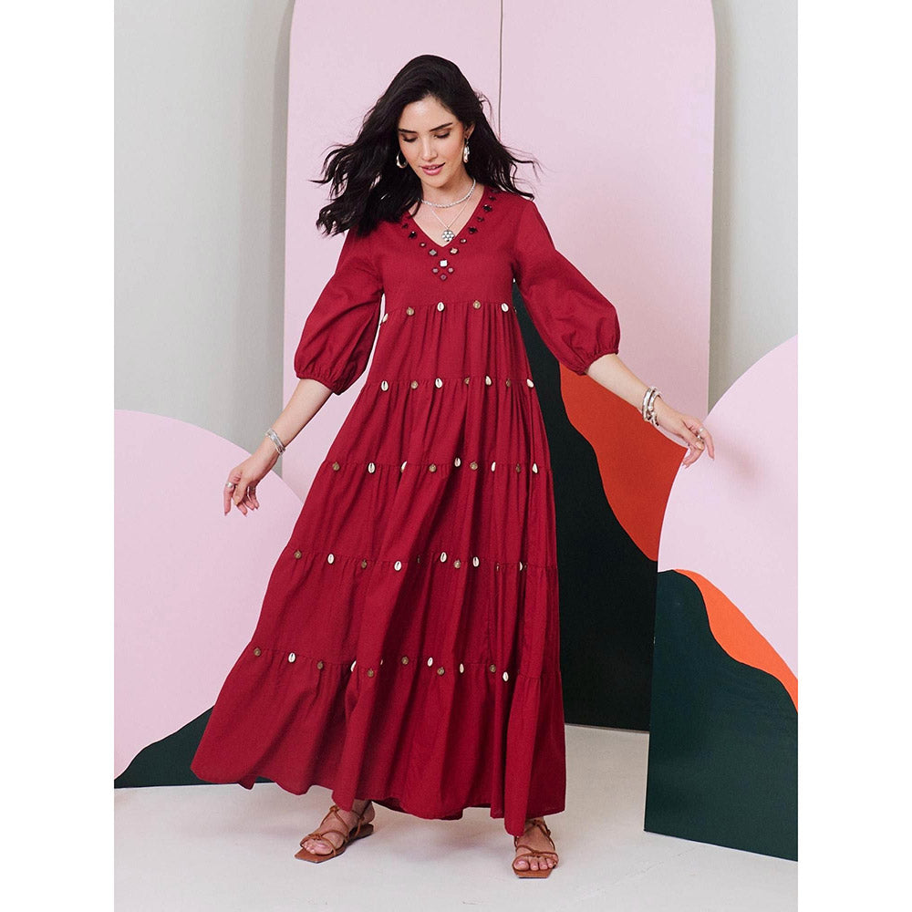 Gulaal Piku Maroon Mirror Embroidered Tier Maxi Dress