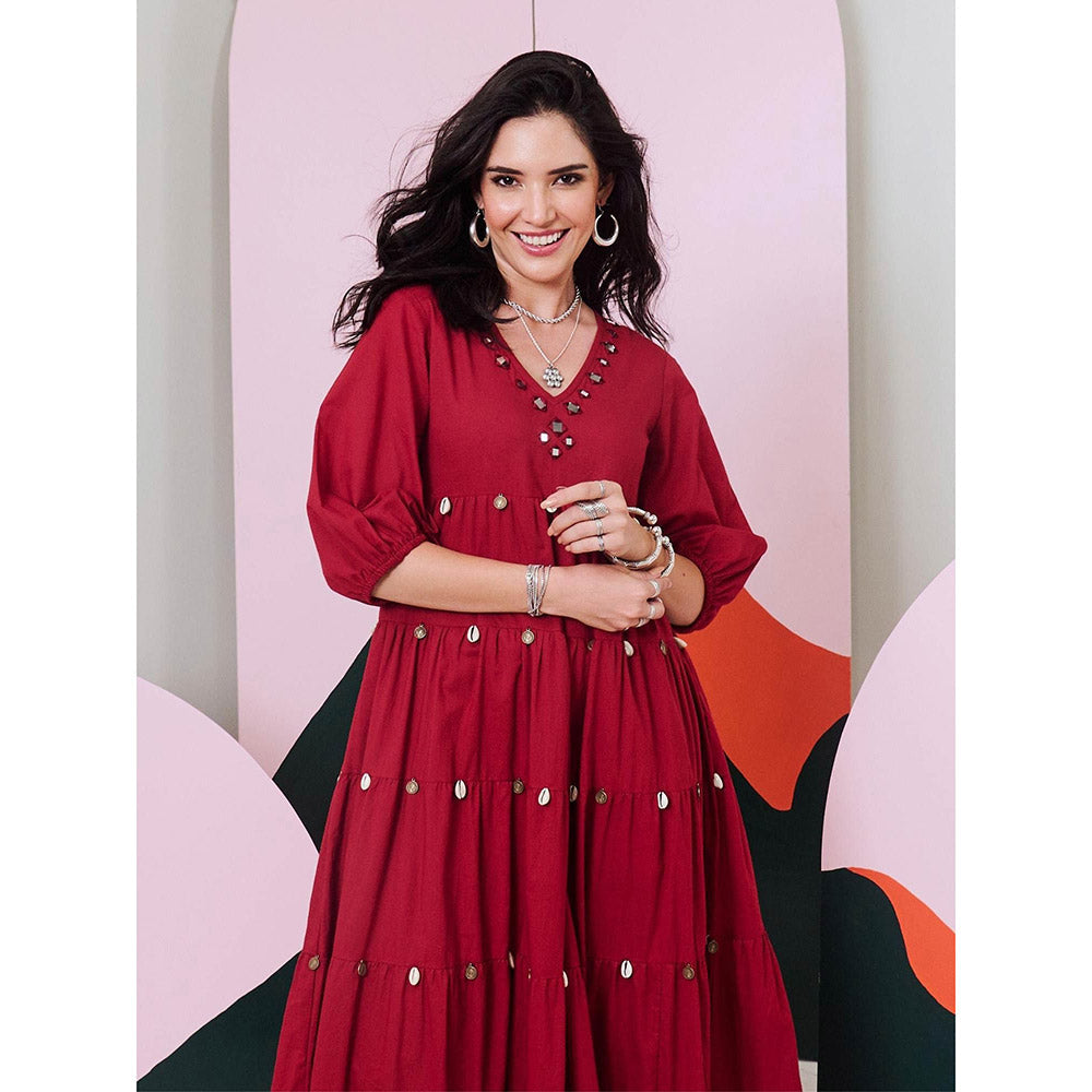 Gulaal Piku Maroon Mirror Embroidered Tier Maxi Dress