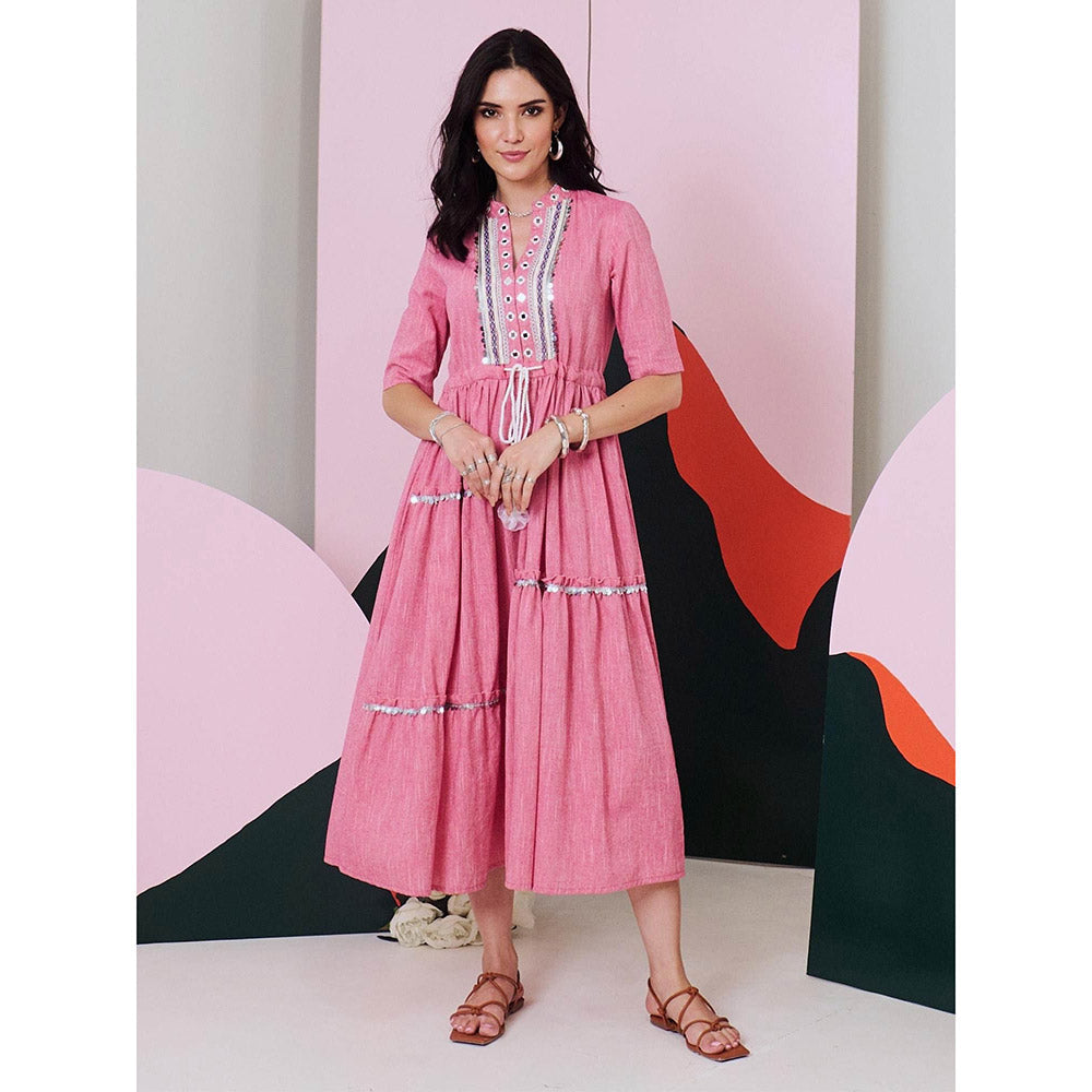 Gulaal Leela Mirror Embroidered Midi Dress with Lace Detailing