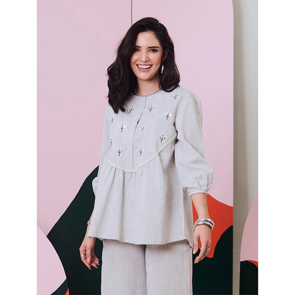 Gulaal Pakhi Grey Mirror Embroidered Top & Pant (Set Of 2)