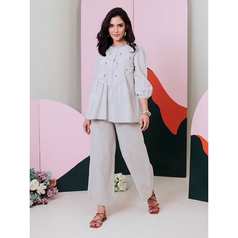 Gulaal Pakhi Grey Mirror Embroidered Top & Pant (Set Of 2)