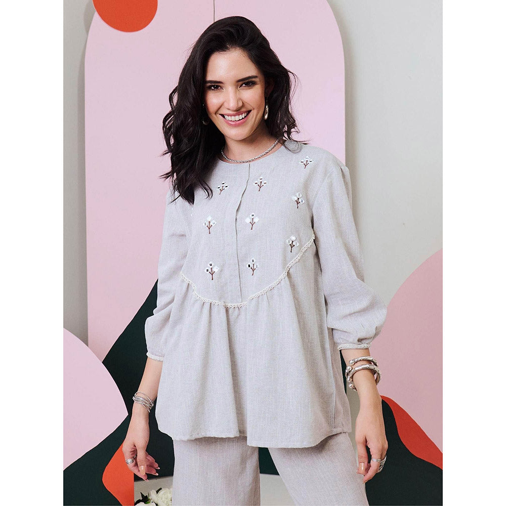 Gulaal Pakhi Grey Mirror Embroidered Top & Pant (Set Of 2)