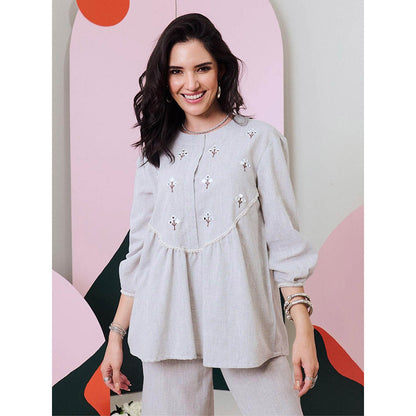 Gulaal Pakhi Grey Mirror Embroidered Top & Pant (Set Of 2)