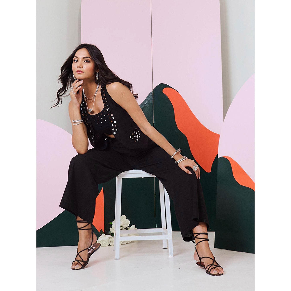 Gulaal Aaina Black Mirror Embroidered Waist Coat, Bralette & Pant (Set of 3)