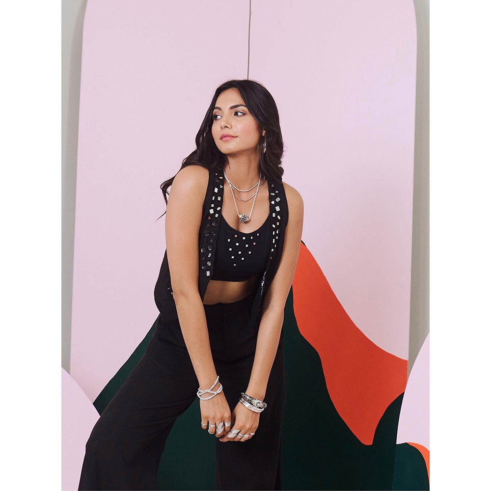Gulaal Aaina Black Mirror Embroidered Waist Coat, Bralette & Pant (Set of 3)