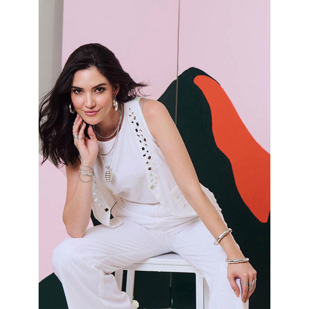 Gulaal Aaina White Mirror Embroidered Waist Coat, Top & Pant (Set of 3)