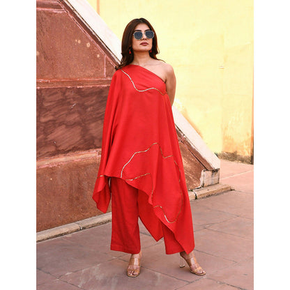 Gulaal Tiana Red One Shoulder Kaftan-Pant (Set of 2)