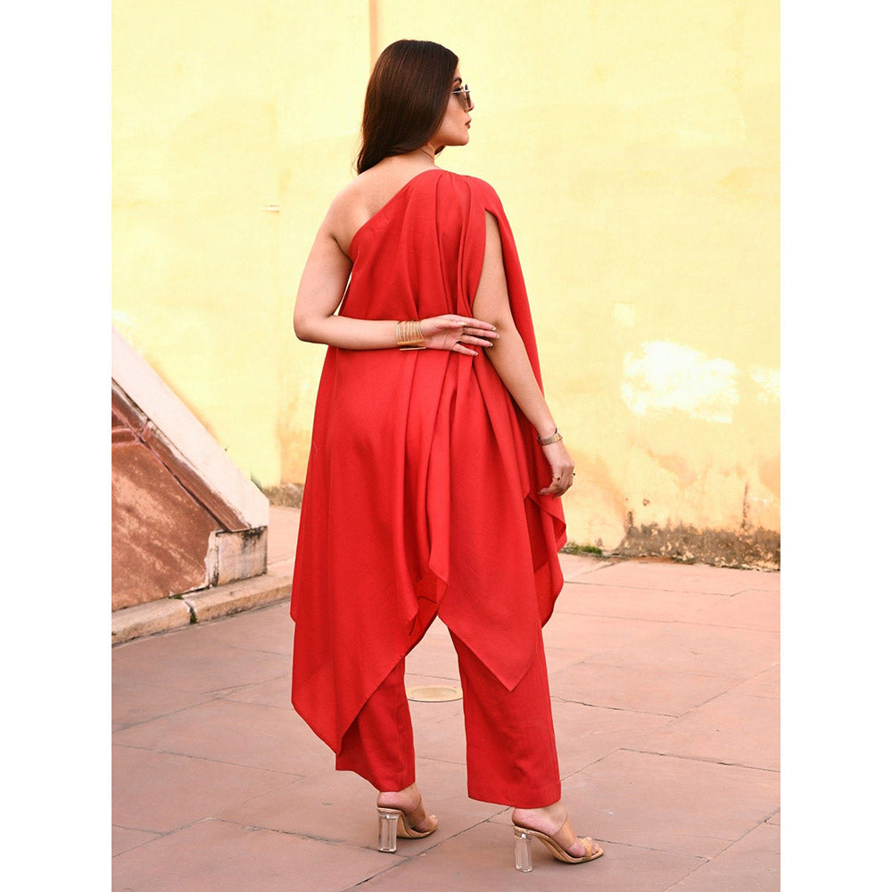 Gulaal Tiana Red One Shoulder Kaftan-Pant (Set of 2)
