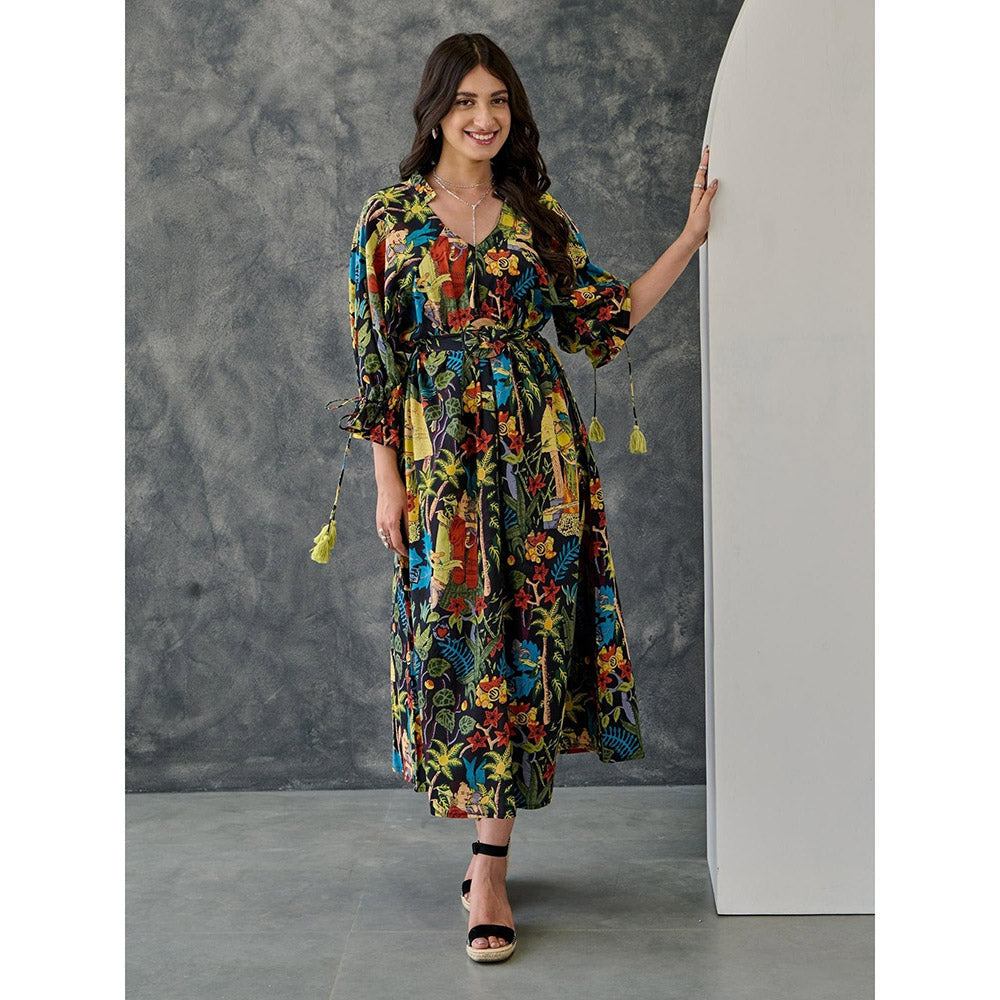 Gulaal Frida Black Loose Fit Dress With Belt (Set of 2)