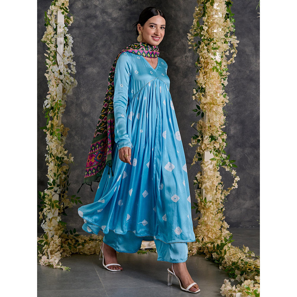 Gulaal Blue Bandhani Anarkali Modal Satin Kurta- Flared Pant Set With Dupatta (Set of 3)