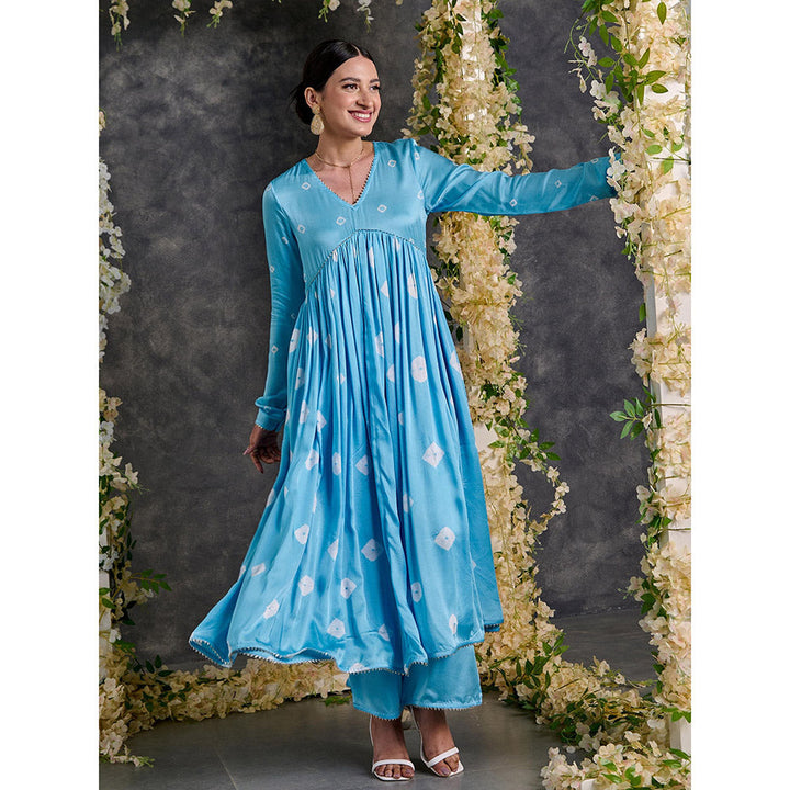 Gulaal Blue Bandhani Anarkali Modal Satin Kurta- Flared Pant Set With Dupatta (Set of 3)