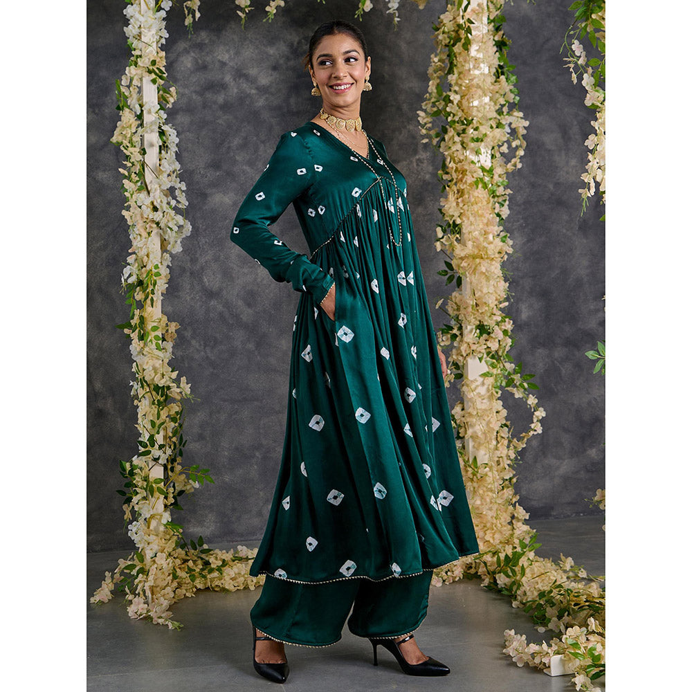 Gulaal Green Bandhani Anarkali Modal Satin Kurta- Flared Pant Set With Dupatta (Set of 3)