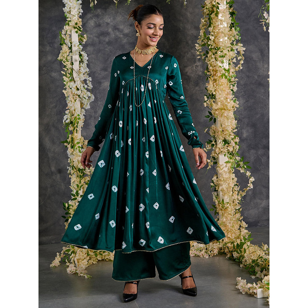 Gulaal Green Bandhani Anarkali Modal Satin Kurta- Flared Pant Set With Dupatta (Set of 3)