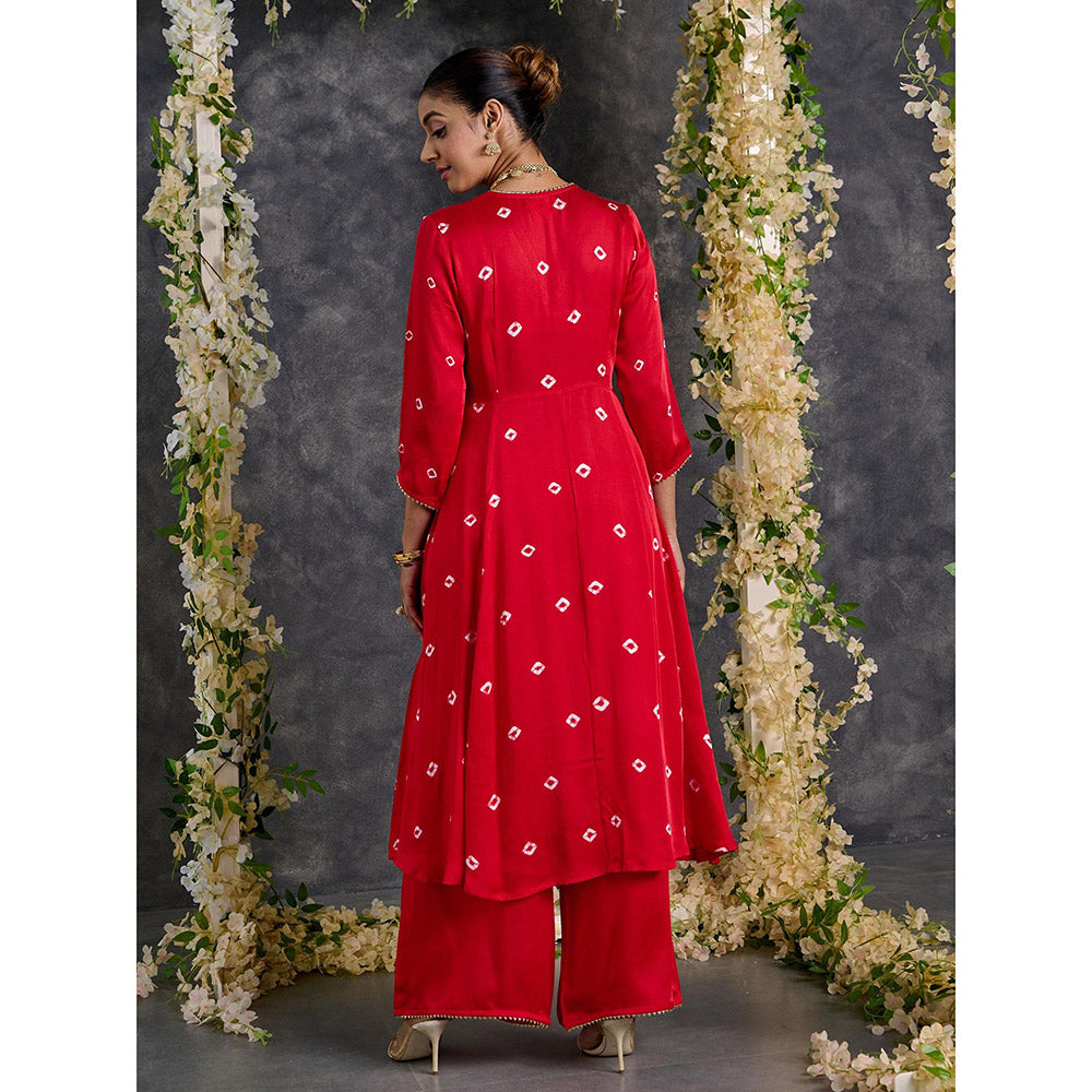Gulaal Red Bandhani A-Line Modal Satin Kurta- Flared Pant Set With Dupatta Set Of 3 (Set of 3)