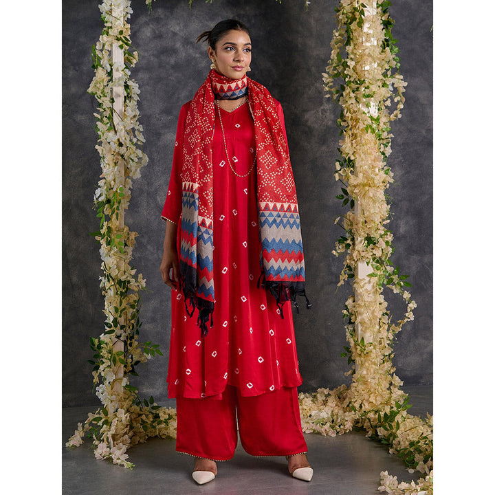 Gulaal Red Bandhani A-Line Modal Satin Kurta- Flared Pant Set With Dupatta Set Of 3 (Set of 3)