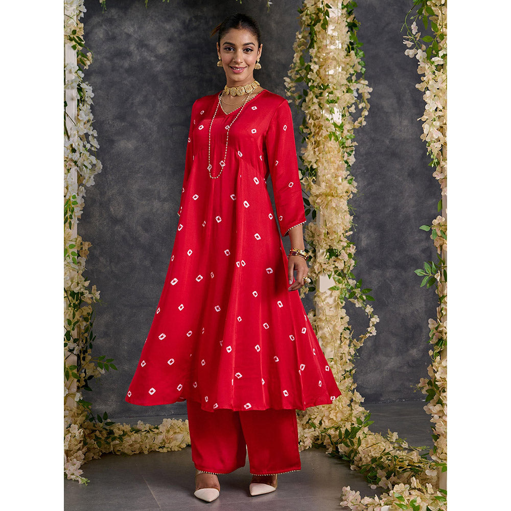 Gulaal Red Bandhani A-Line Modal Satin Kurta- Flared Pant Set (Set of 2)