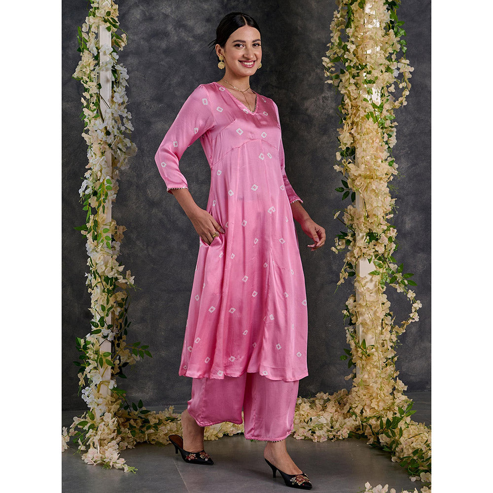 Gulaal Pink Bandhani A-Line Modal Satin Kurta- Flared Pant Set With Dupatta (Set of 3)