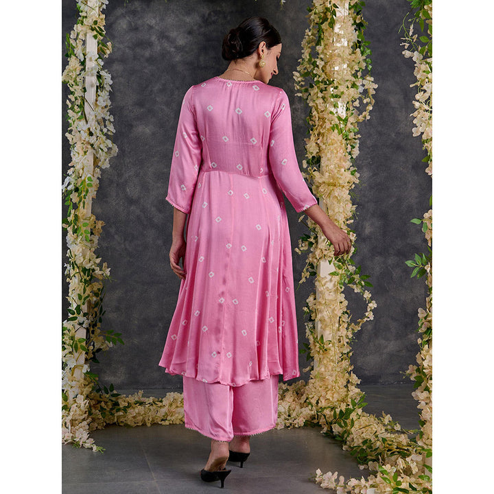 Gulaal Pink Bandhani A-Line Modal Satin Kurta- Flared Pant Set (Set of 2)
