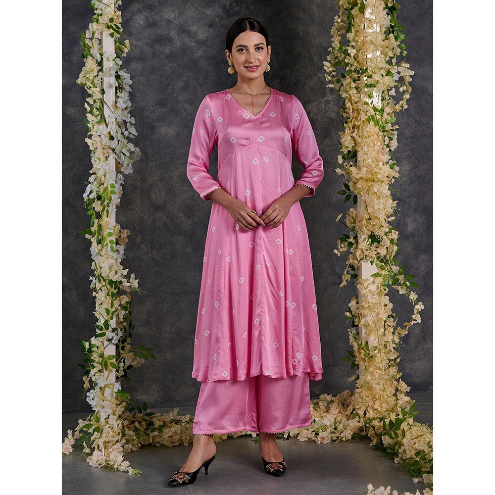 Gulaal Pink Bandhani A-Line Modal Satin Kurta- Flared Pant Set (Set of 2)