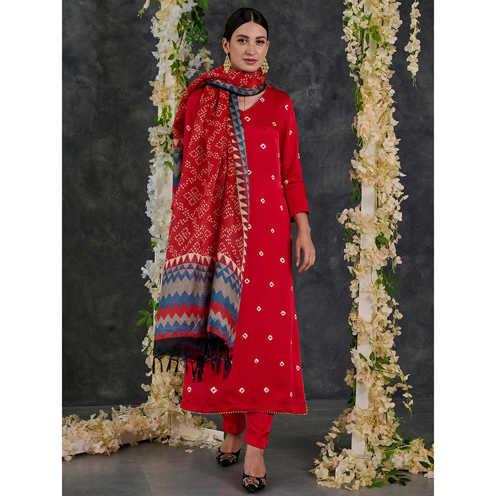 Gulaal Red Bandhani High Slit Modal Satin Kurta - Pant Set With Dupatta Set Of 3 (Set of 3)