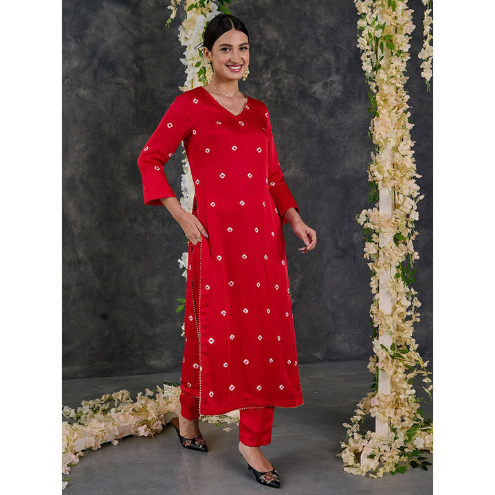 Gulaal Red Bandhani High Slit Modal Satin Kurta - Pant Set (Set of 2)