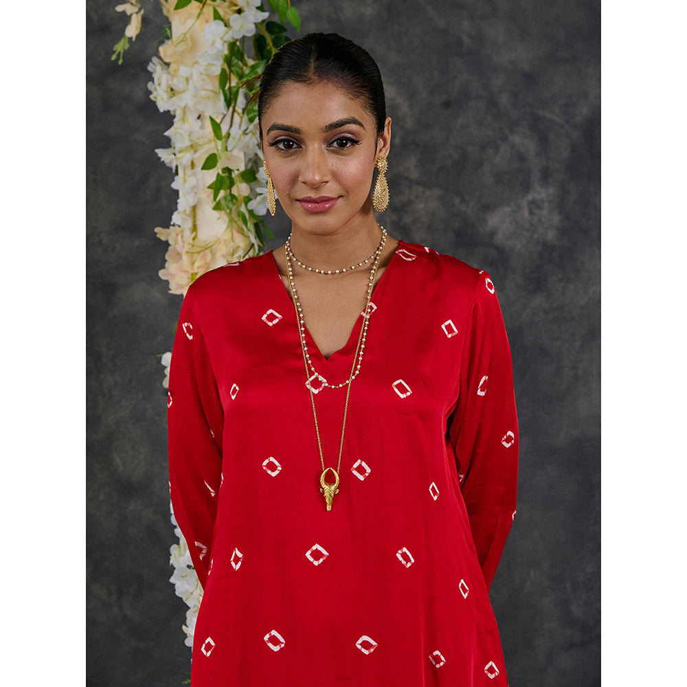 Gulaal Red Bandhani Modal Satin Short Kurta-Pant Set Of 2 (Set of 2)