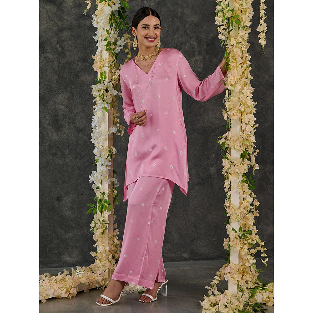 Gulaal Pink Bandhani Modal Satin Short Kurta-Pant Set Of 2 (Set of 2)