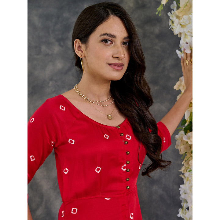 Gulaal Red Bandhani Modal Satin Fit & Flare Dress