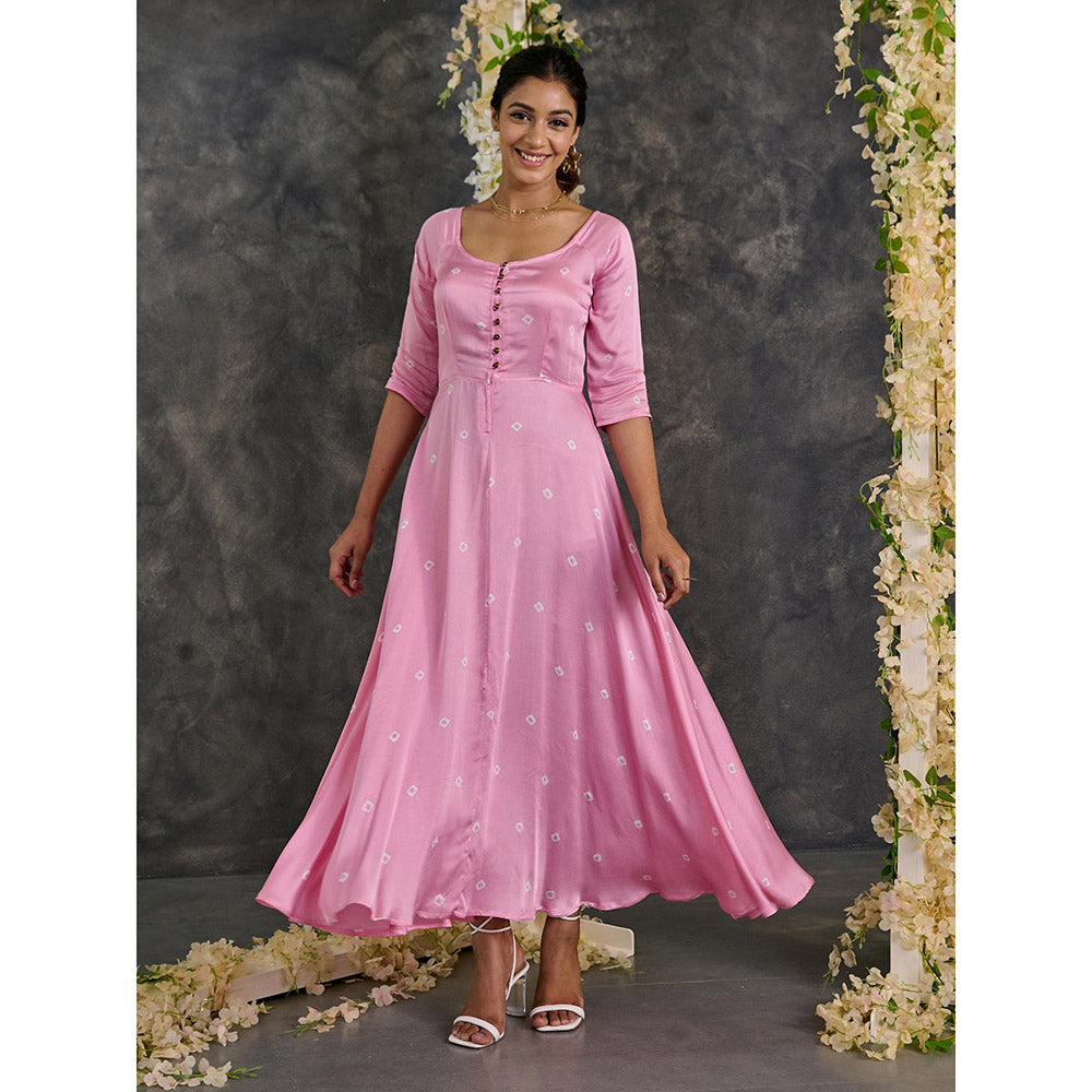 Gulaal Pink Bandhani Modal Satin Fit & Flare Dress
