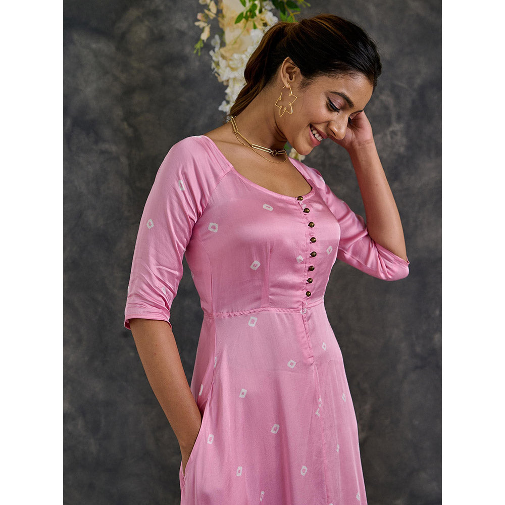 Gulaal Pink Bandhani Modal Satin Fit & Flare Dress
