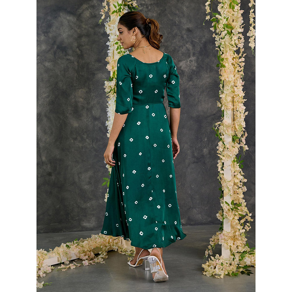 Gulaal Green Bandhani Modal Satin Fit & Flare Dress