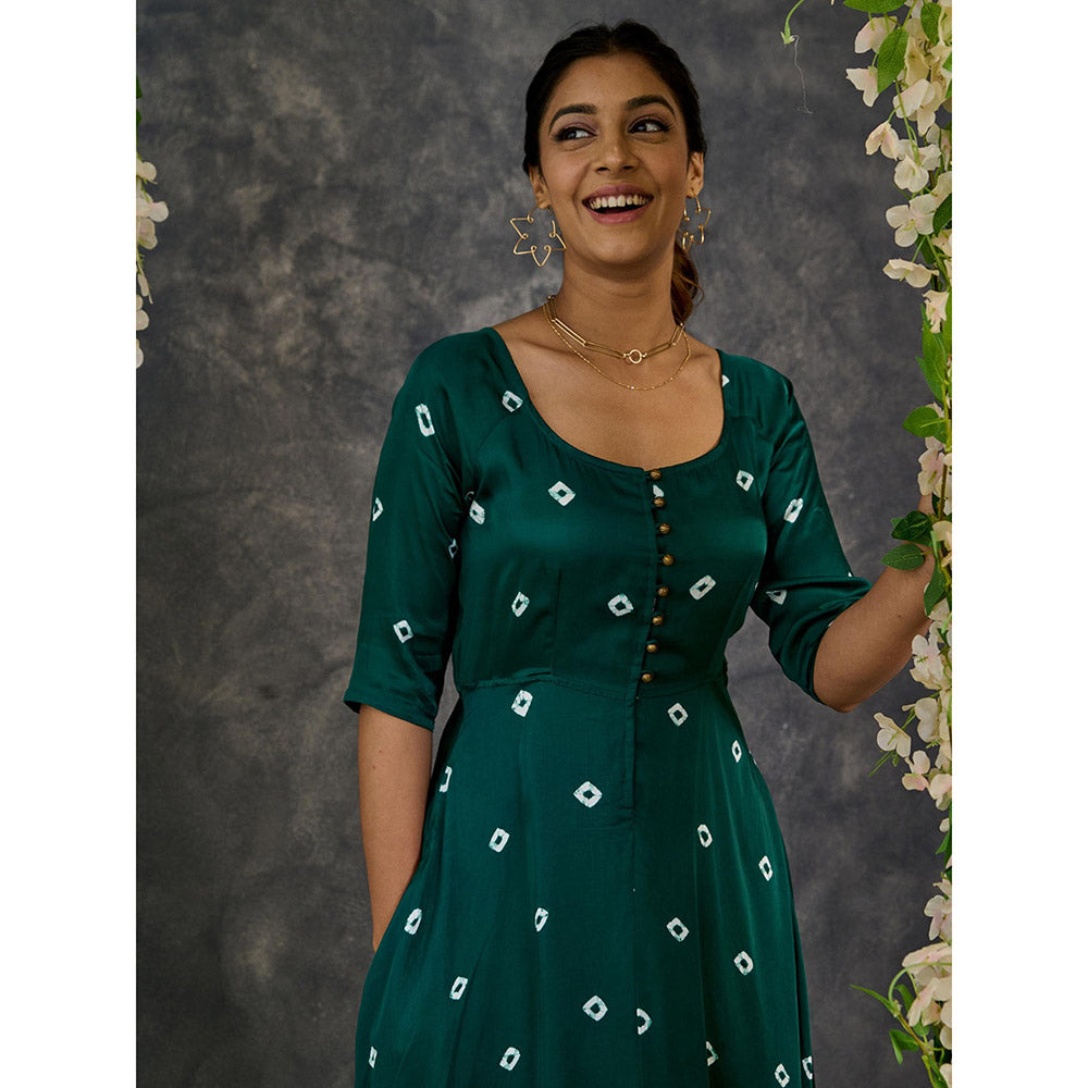 Gulaal Green Bandhani Modal Satin Fit & Flare Dress