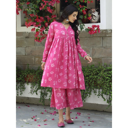 Gulaal Pink Floral Dabu Print Suit (Set of 2)