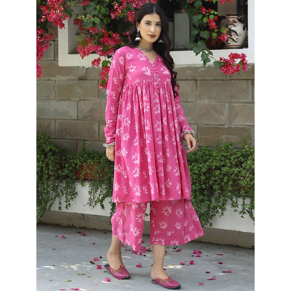 Gulaal Pink Floral Dabu Print Suit (Set of 2)
