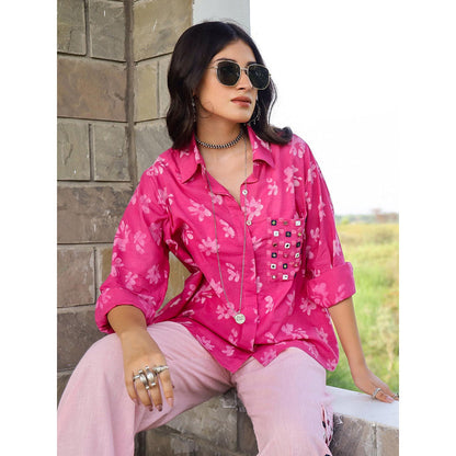 Gulaal Pink Floral Dabu Printed Loose Fit Shirt and Cargo Pant (Set of 2)