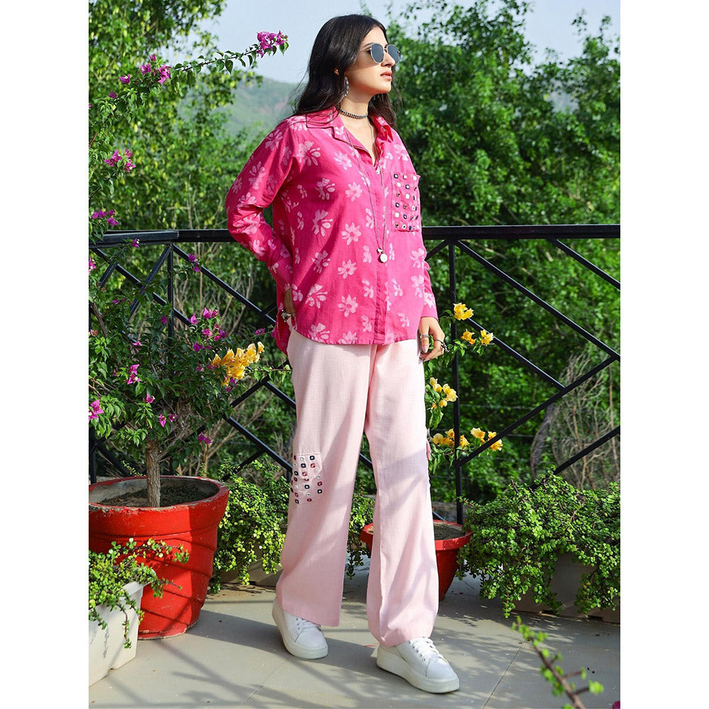 Gulaal Pink Floral Dabu Printed Loose Fit Shirt and Cargo Pant (Set of 2)