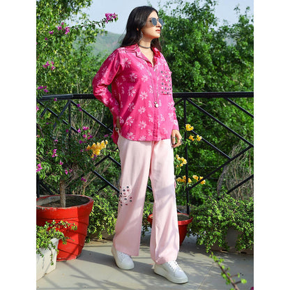 Gulaal Pink Floral Dabu Printed Loose Fit Shirt and Cargo Pant (Set of 2)