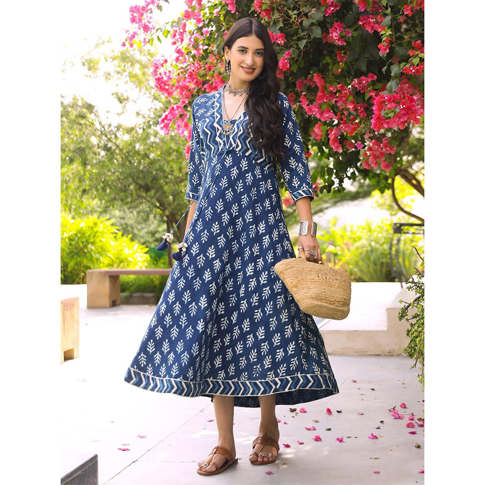 Gulaal Indigo Floral Dabu Fit and Flare Maxi Dress