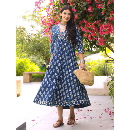 Gulaal Indigo Floral Dabu Fit and Flare Maxi Dress