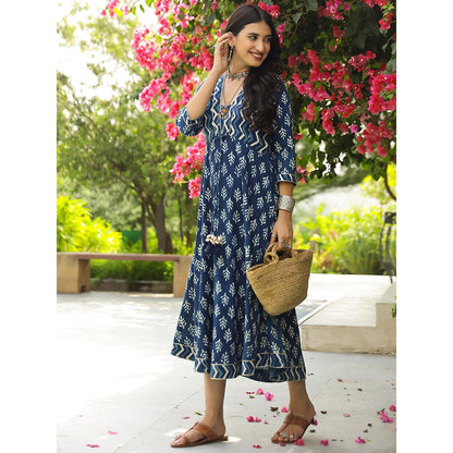 Gulaal Indigo Floral Dabu Fit and Flare Maxi Dress