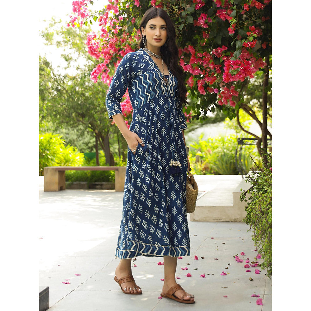 Gulaal Indigo Floral Dabu Fit and Flare Maxi Dress