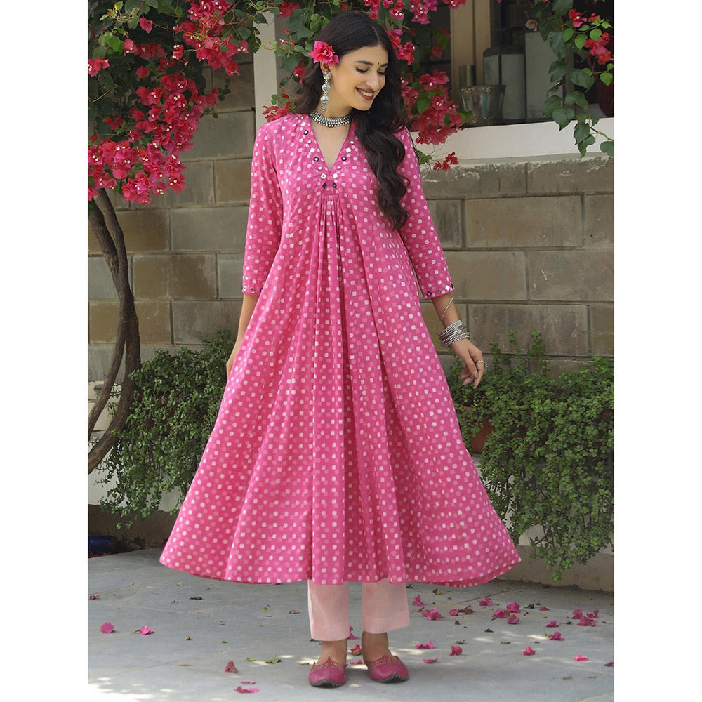 Gulaal Pink Polka Dabu Print Kurta-Pant (Set of 2)