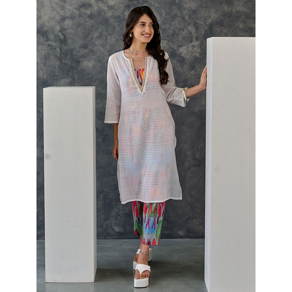 Gulaal Joy White Ikat Print Cotton Kurta Pant with Bralette (Set of 3)