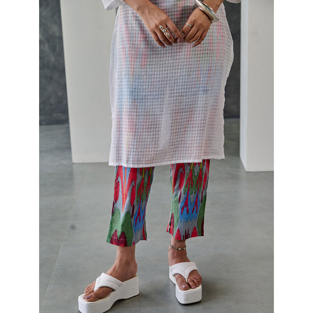 Gulaal Joy White Ikat Print Cotton Kurta Pant with Bralette (Set of 3)